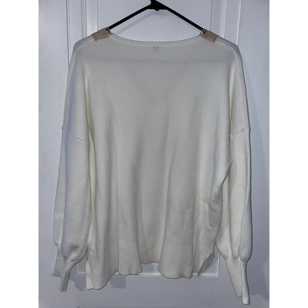 Womens Oversized V-Neck Ivory Sweater Pullover Crochet Knit Neckline Boho Cozy - Picture 6 of 12